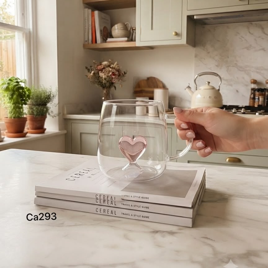 Taza cristal transparente corazon rosado 400ml